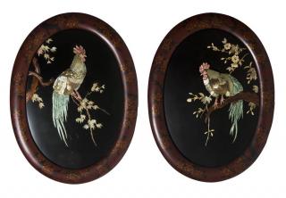 Appraisal: Pair of Asian Framed Birds Carved Mother of Pearl and