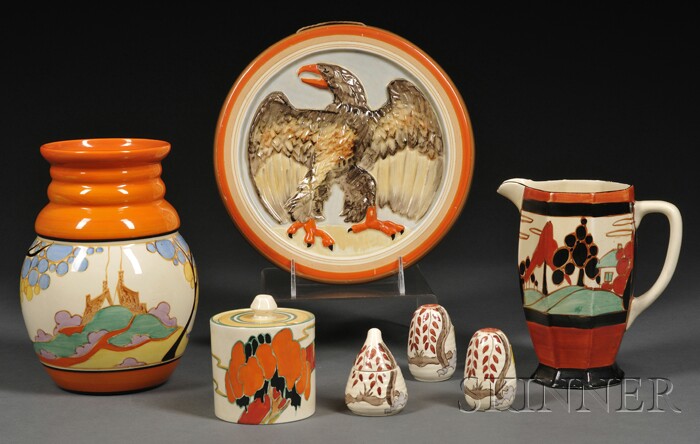 Appraisal: Seven Clarice Cliff Pottery Items Art Deco pottery Staffordshire England