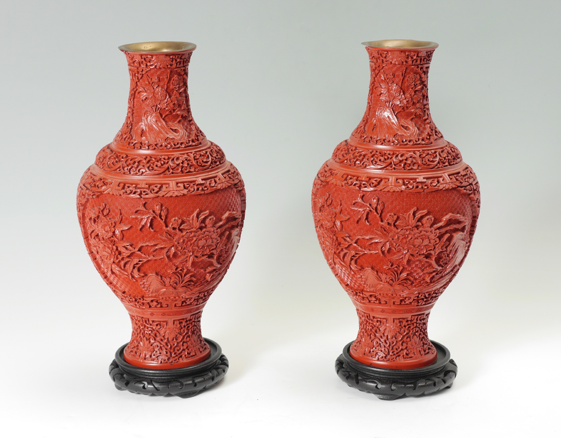 Appraisal: PAIR CHINESE CINNABAR LACQUER VASES Matched pair with flared neck