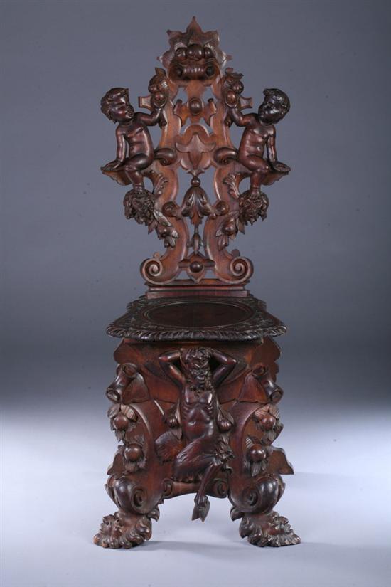 Appraisal: ITALIAN RENAISSANCE REVIVAL CARVED WALNUT SGABELLO CHAIR th century Robustly-carved