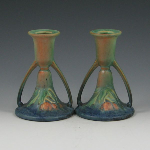 Appraisal: Pair of Roseville Baneda - candleholders in blue and green