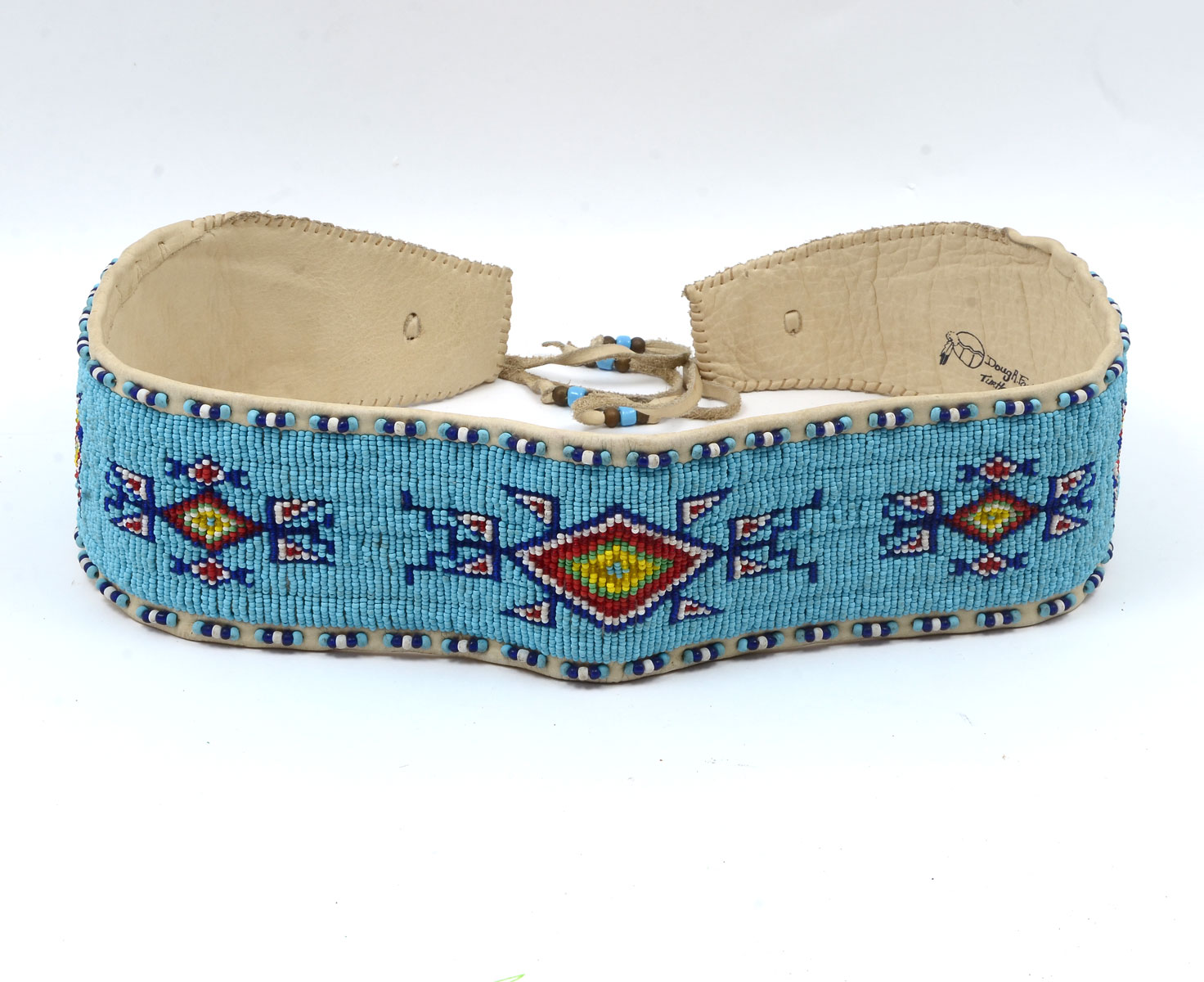 Appraisal: SIGNED NATIVE AMERICAN INDIAN BEADED LEATHER BELT Native American Indian