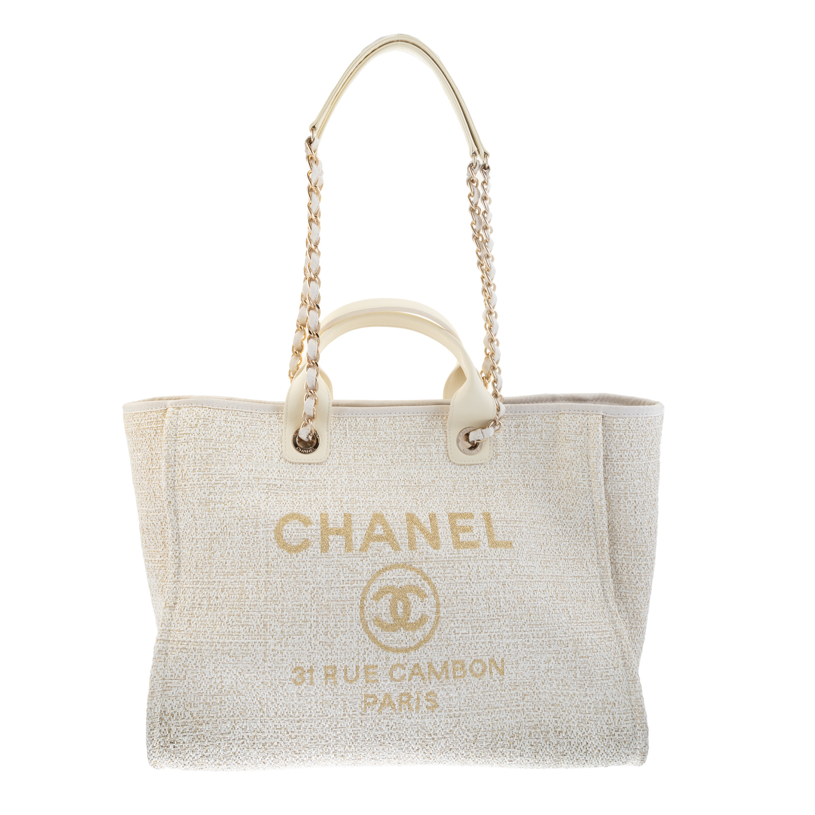 Appraisal: A CHANEL MEDIUM DEAUVILLE SHOPPING TOTE An ivory and gold