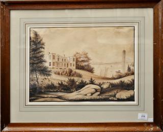 Appraisal: Edward Bourcaud Inlet Landscape with a House and Tower watercolor