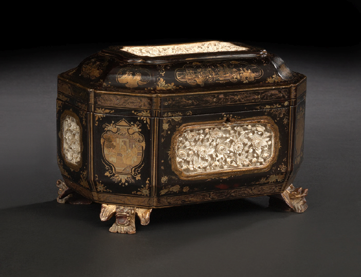 Appraisal: Chinese Export Elaborately Carved Ivory-Inlaid Lacquered and Gilded Octagonal Jewel