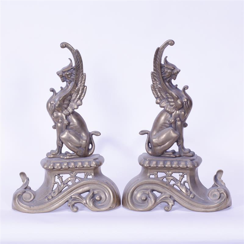 Appraisal: Griffin Gryphon mythical beast fireplace andirons H x D