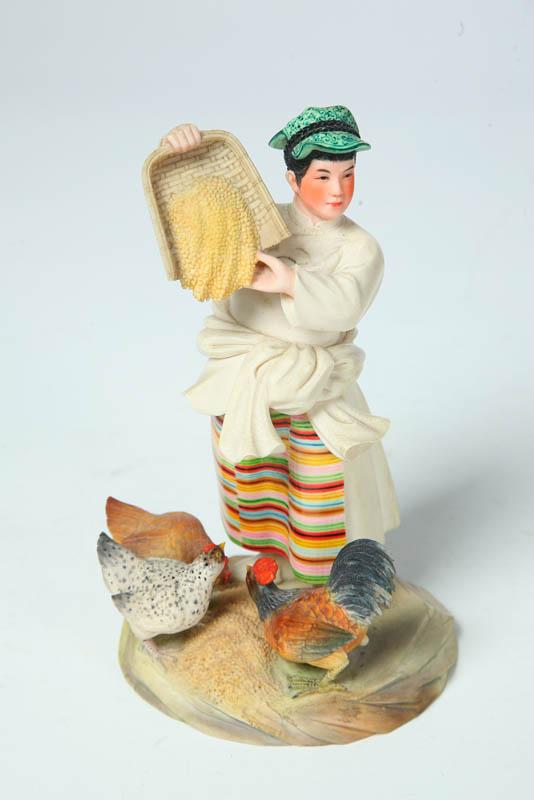 Appraisal: IVORY CARVING Asian th century Farmer feeding chickens Polychrome paint