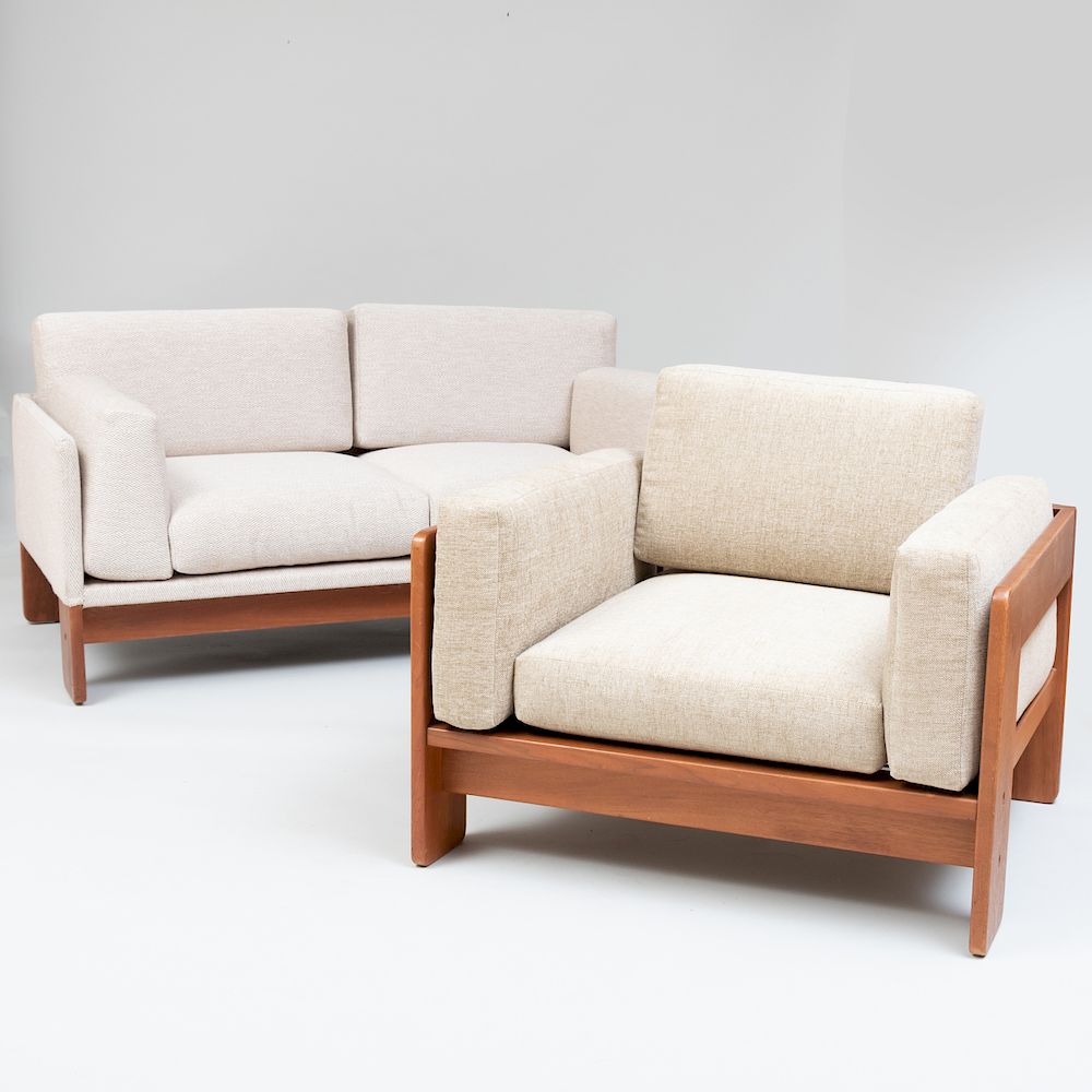 Appraisal: Knoll Teak Upholstered Settee and an Armchair Settee x ft