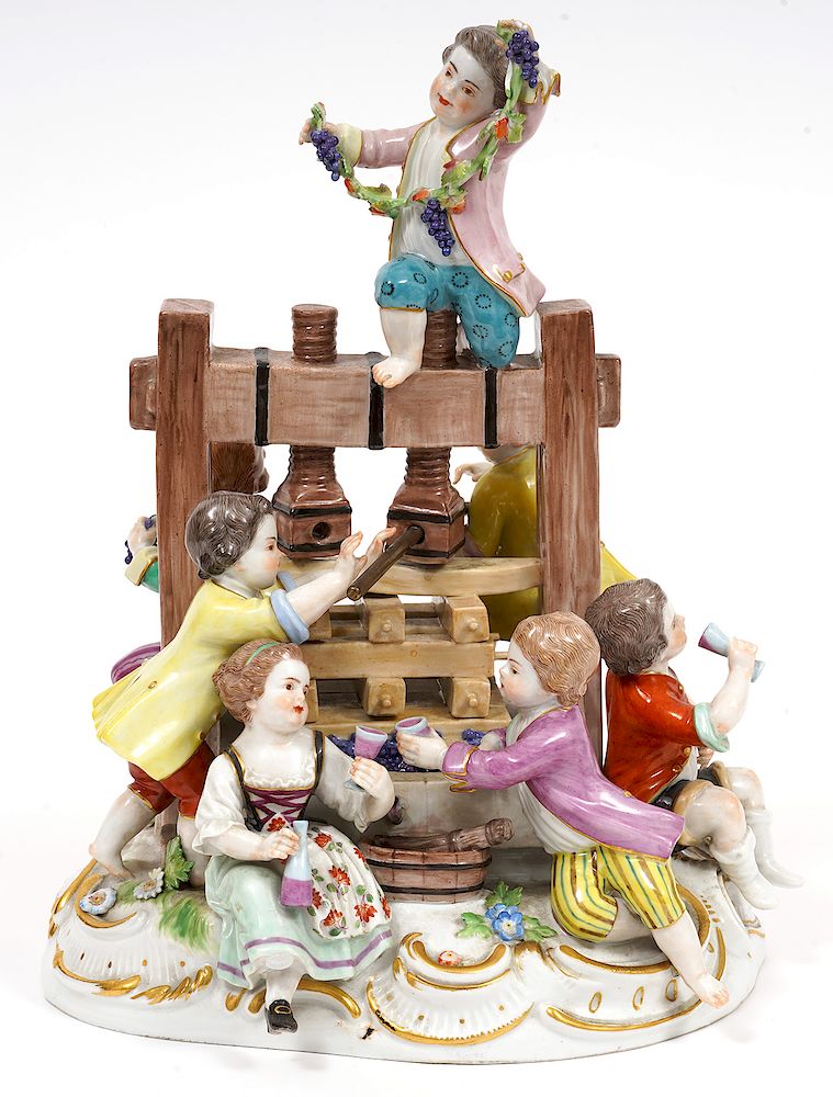 Appraisal: Meissen Winter Group with Wine Press Meissen porcelain with white