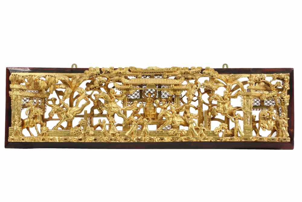 Appraisal: CHINESE TEMPLE PLAQUE - High Relief Reticulated Carved and Gilt