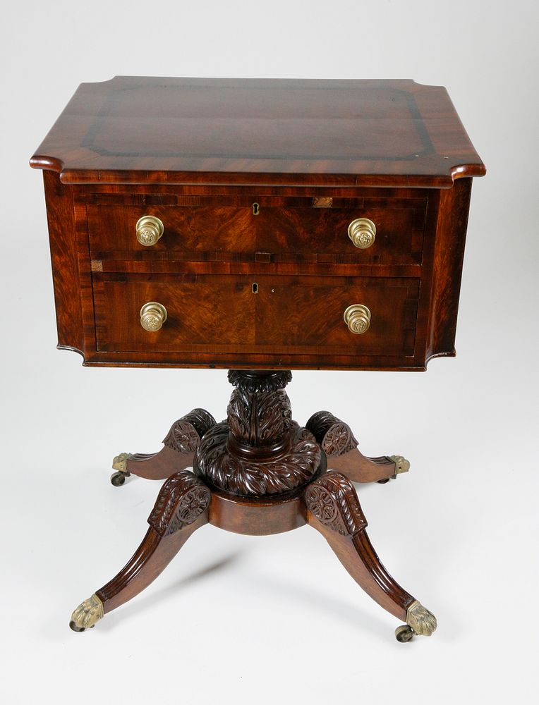 Appraisal: Mahogany and Burlwood Two Drawer Work Stand th Century Mahogany