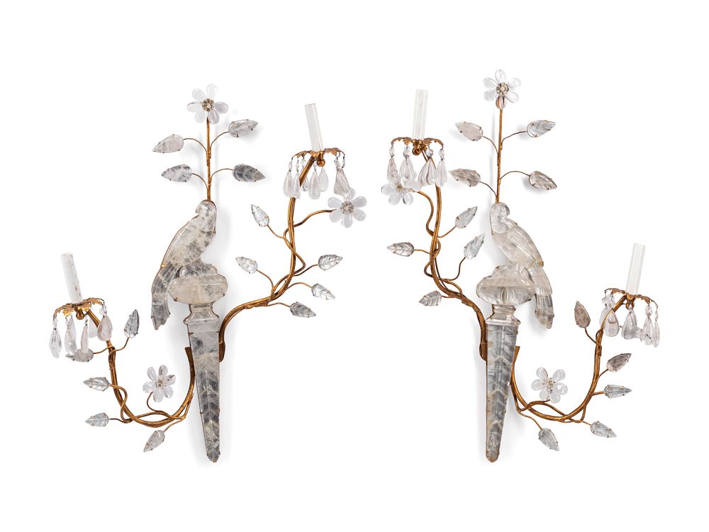 Appraisal: A Pair of Giltwood and Rock Crystal Two-Light Sconces in