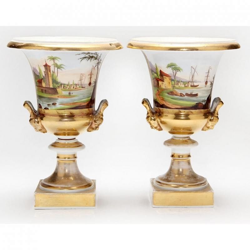 Appraisal: Pair of Paris Porcelain Mantle Urns th century handpainted and