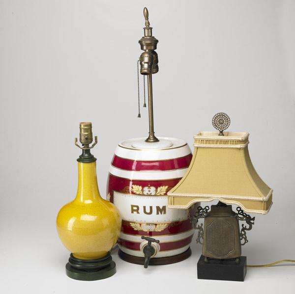 Appraisal: TABLE LAMPS English barrel shaped rum dispenser together with gourd-shaped