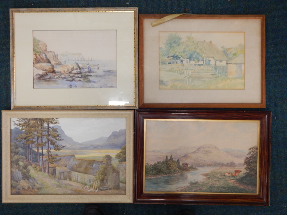 Appraisal: Four watercolours to include a river landscape with cattle signed