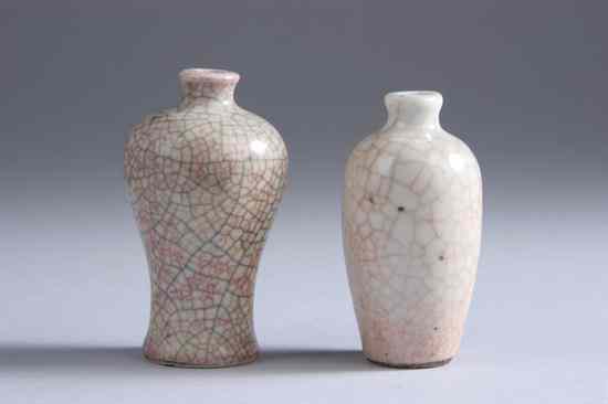 Appraisal: TWO CHINESE GE-TYPE PORCELAIN SNUFF BOTTLES th century One meiping-form