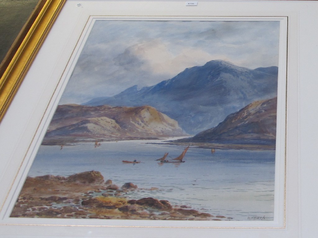 Appraisal: W H EARP Watercolour highland loch scene with fishing boats