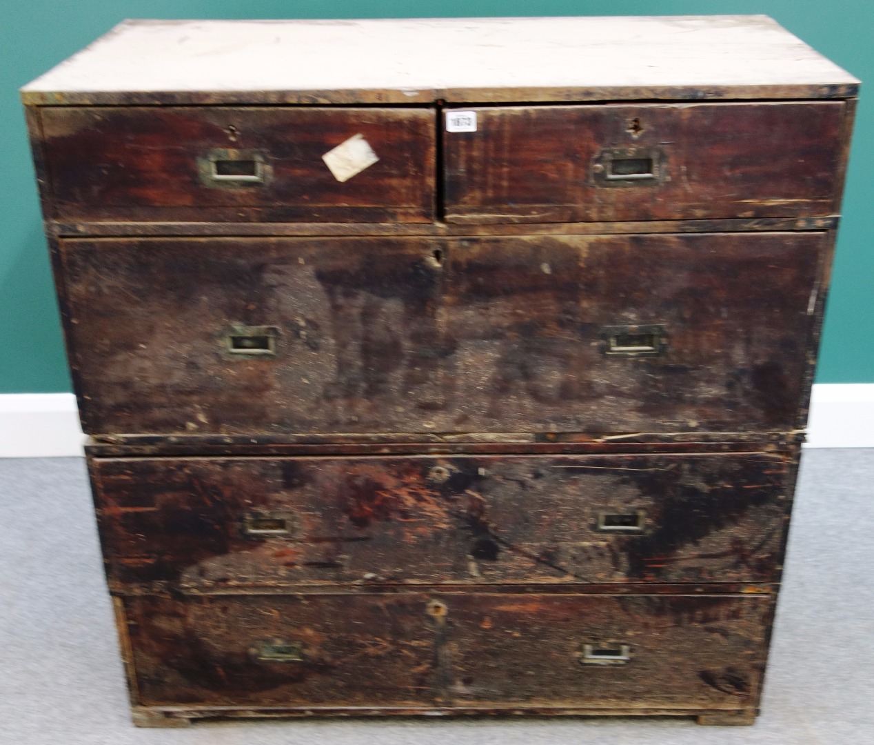 Appraisal: A th century mahogany two part campaign chest of two