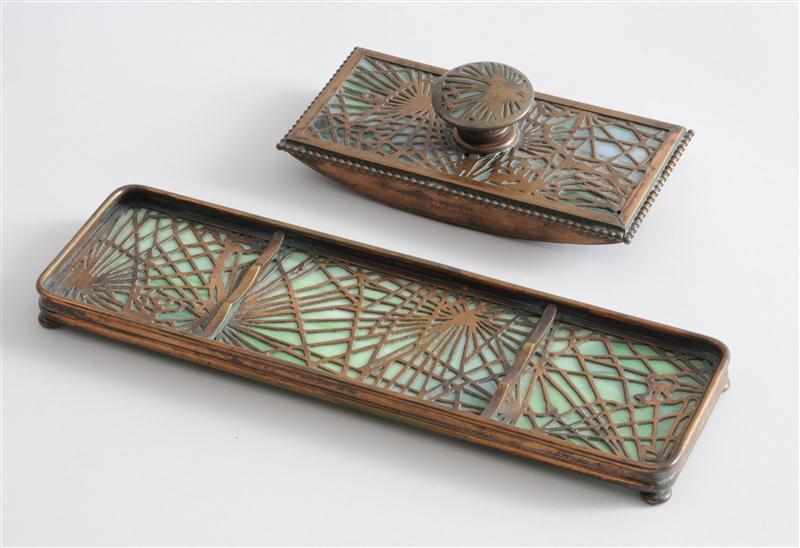 Appraisal: TIFFANY STUDIOS BRONZE AND FAVRILE GLASS PEN TRAY AND ROLLER