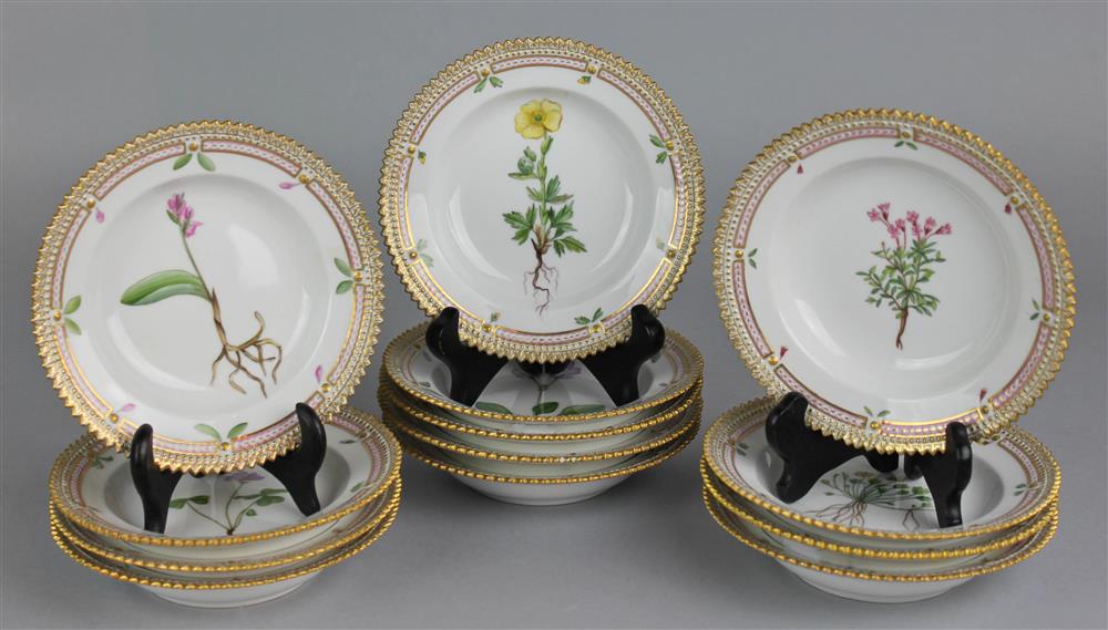 Appraisal: THIRTEEN ROYAL COPENHAGEN 'FLORA DANICA' ICE CREAM BOWLS green printed