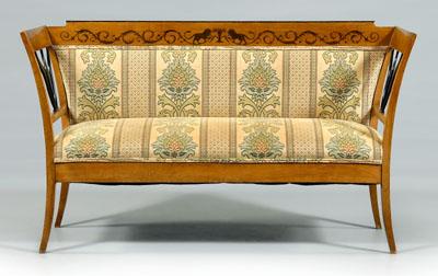 Appraisal: Biedermeier inlaid fruitwood settee line inlaid crest fruitwood arms with