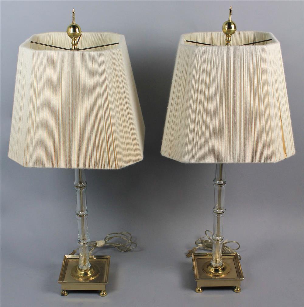 Appraisal: PAIR OF FAUX BAMBOO GLASS COLUMN LAMPS above a square