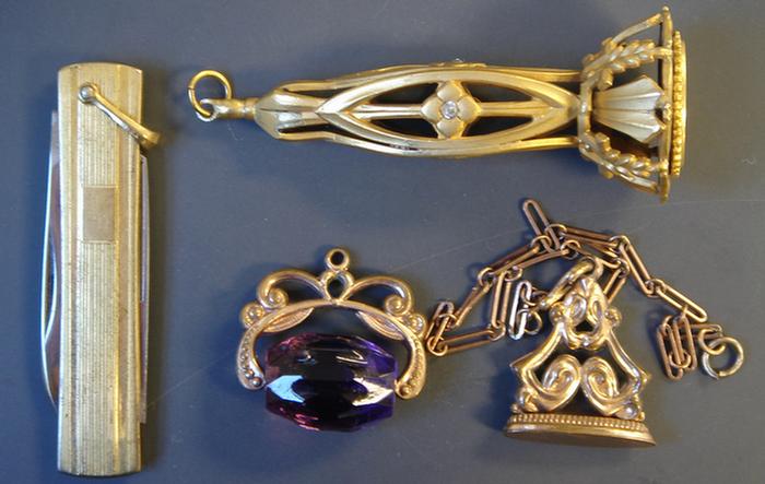 Appraisal: Gold-filled Watch Fobs and Pocket Knife Grouping of three various