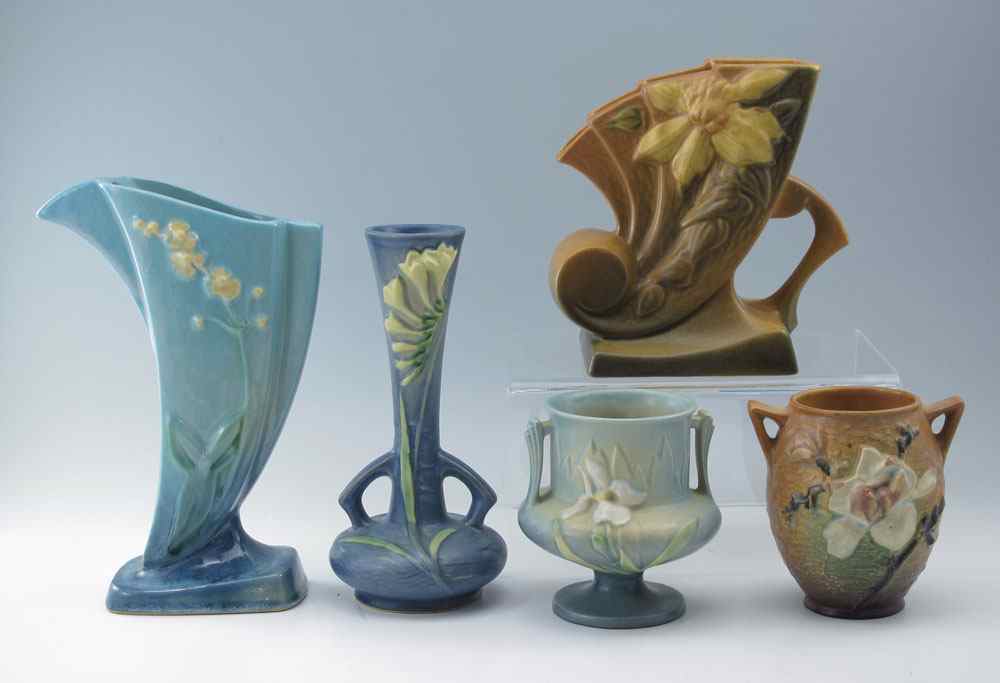 Appraisal: PIECE ROSEVILLE POTTERY VASES To include Clematis - '' Cornucopia