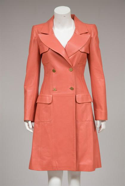 Appraisal: Chanel double-breasted salmon leather coat spring -length peaked lapel long