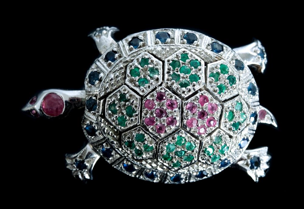 Appraisal: STERLING ARTICULATED TURTLE GEMSTONE PIN BROOCHSterling silver figural pin or