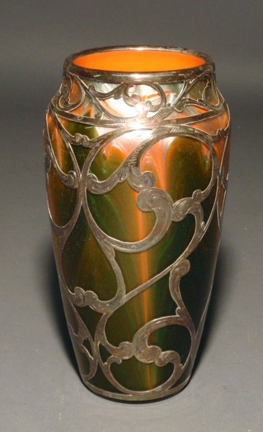 Appraisal: Art glass vase c with sterling silver overlay h x