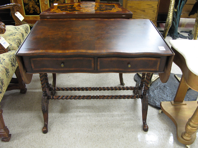 Appraisal: GEORGE III STYLE MAHOGANY AND BURL WALNUT SOFA TABLE having