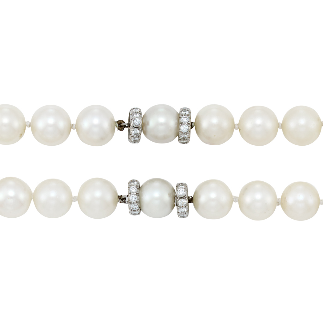 Appraisal: Cultured Pearl Platinum and Diamond Necklace pearls ap to mm