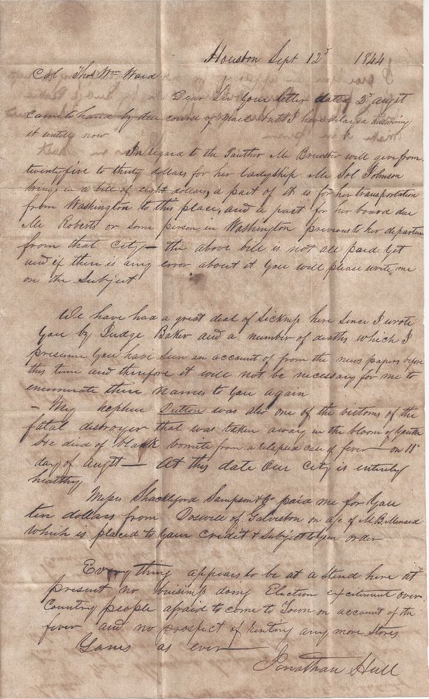 Appraisal: A REPUBLIC OF TEXAS MANUSCRIPT BLACK VOMIT LETTER TO COLONEL