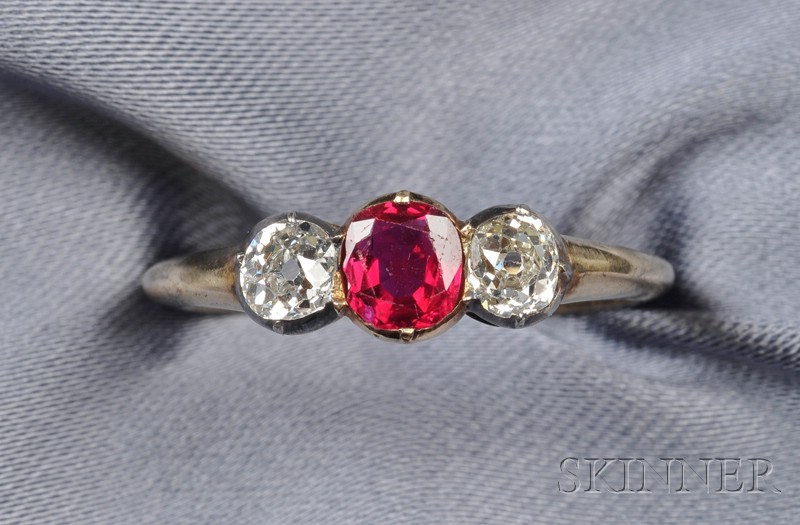 Appraisal: Antique Three-stone Ruby and Diamond Ring set with a cushion-cut