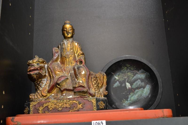 Appraisal: A TEMPLE CARVING AND THREE LACQUERWARE PIECES