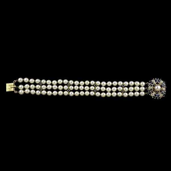 Appraisal: k Pearl Bracelet with Diamond and Sapphire Clasp k yellow