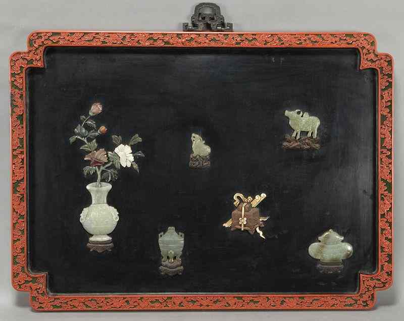 Appraisal: Chinese jade and hard stone mounted cinnabarscreen depicting vases animals