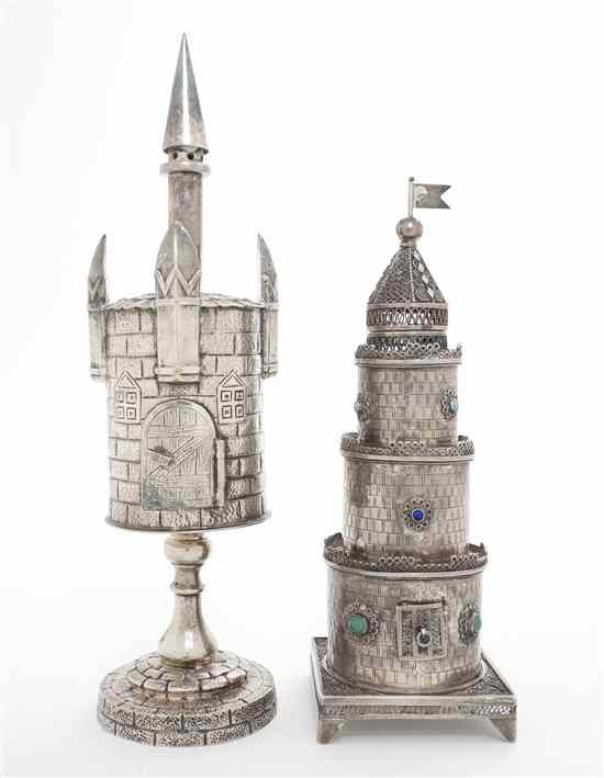 Appraisal: Two Judaica Silvered Metal Tower Form Spice Boxes one having