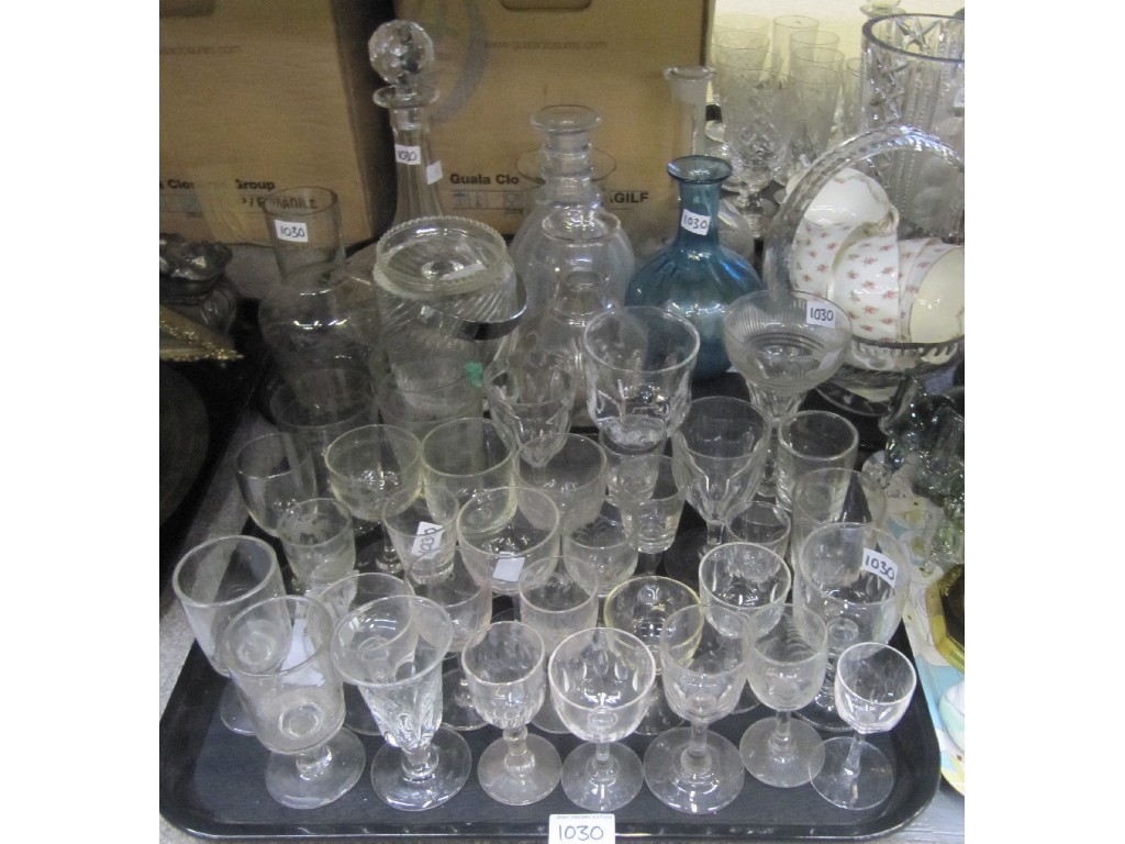 Appraisal: Two trays of assorted glassware - decanters carafes drinking glasses