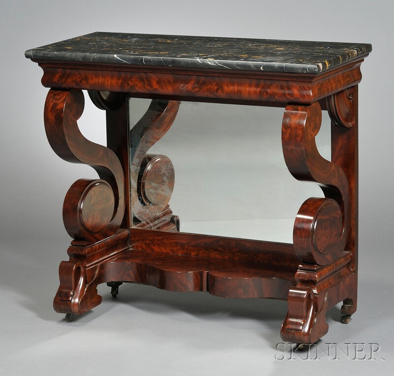 Appraisal: Classical Mahogany and Flame Mahogany Veneer Marble-top Pier Table Philadelphia