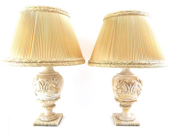 Appraisal: LAMPS Pair of carved alabaster table lamps floral and foliate