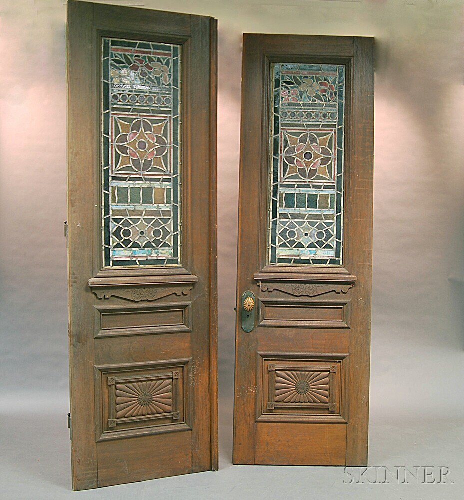 Appraisal: Pair of Oak Paneled and Leaded Glass Doors early th