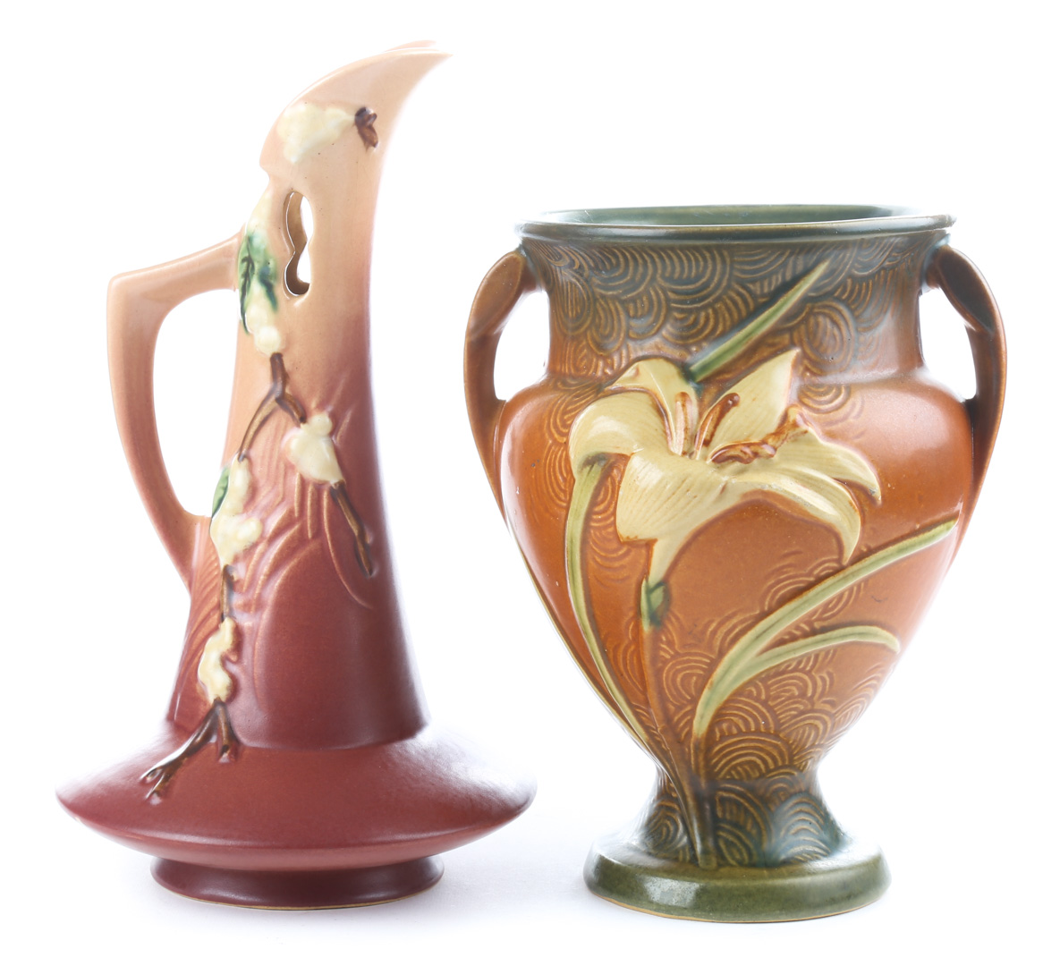 Appraisal: Roseville art pottery vase ewer circa s Zephyr Lily two-handled