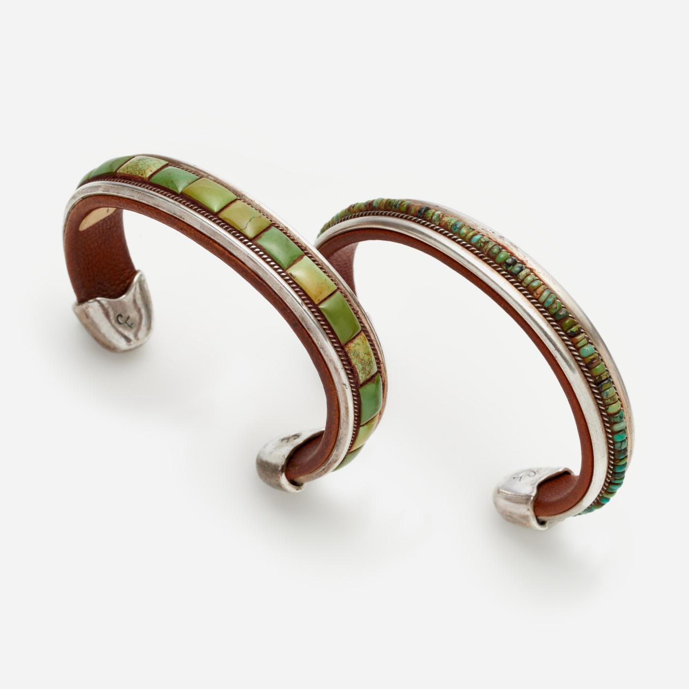 Appraisal: CHARLIE FAVOUR TWO GREEN TURQUOISE CUFF BRACELETS Charlie Favour Arizona