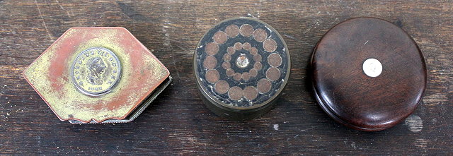 Appraisal: AN ANTIQUE TURNED WOODEN SNUFF BOX cm dia together with