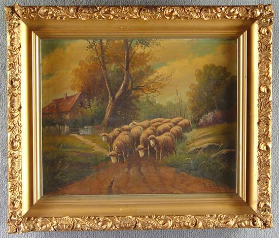 Appraisal: Oil on Canvas of Sheep Watering Circa Trees and cottage