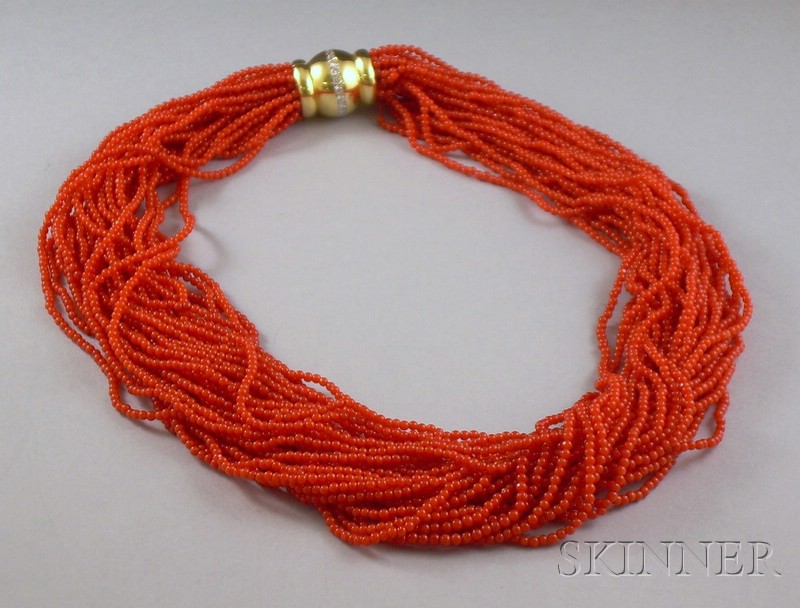 Appraisal: Multi-strand Coral Necklace with kt gold and diamond melee clasp