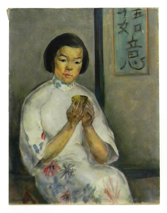 Appraisal: Marion Huse American - Asian Girl Holding Tea Bowl oil