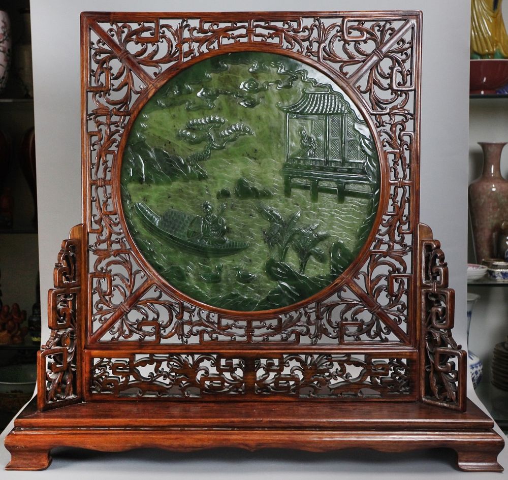 Appraisal: massive Chinese spinach jade table screen carved circular spinach jade